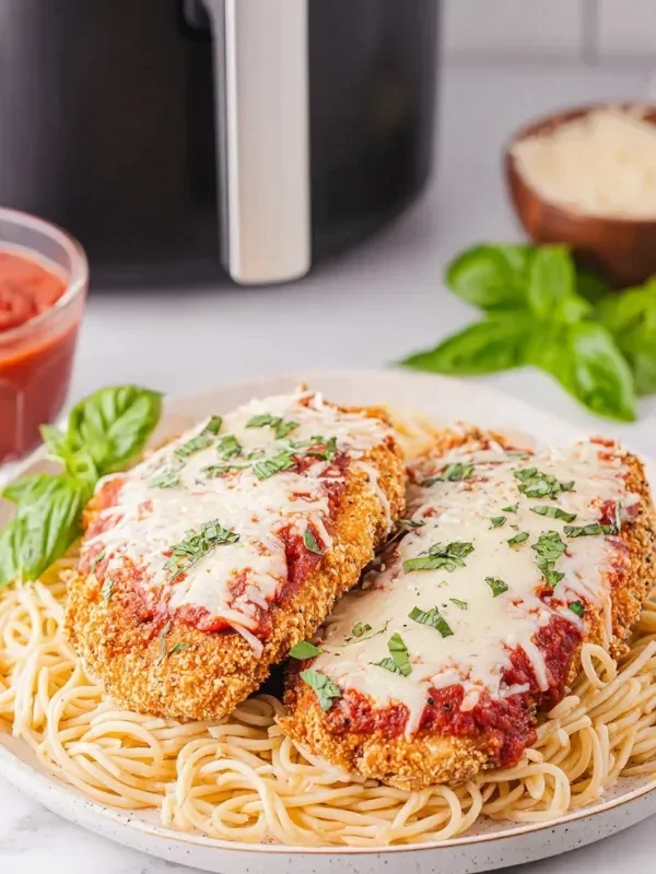 Air Fryer Chicken Parmesan Delicious air fryer chicken parmesan served with marinara sauce and cheese