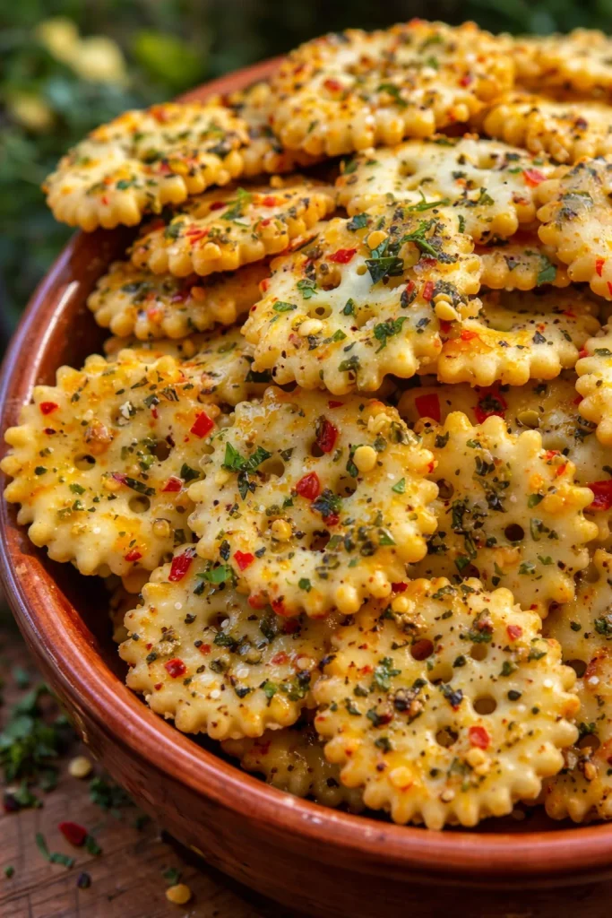 A bowl of spicy Alabama Firecrackers snack mix with seasonings and spices.