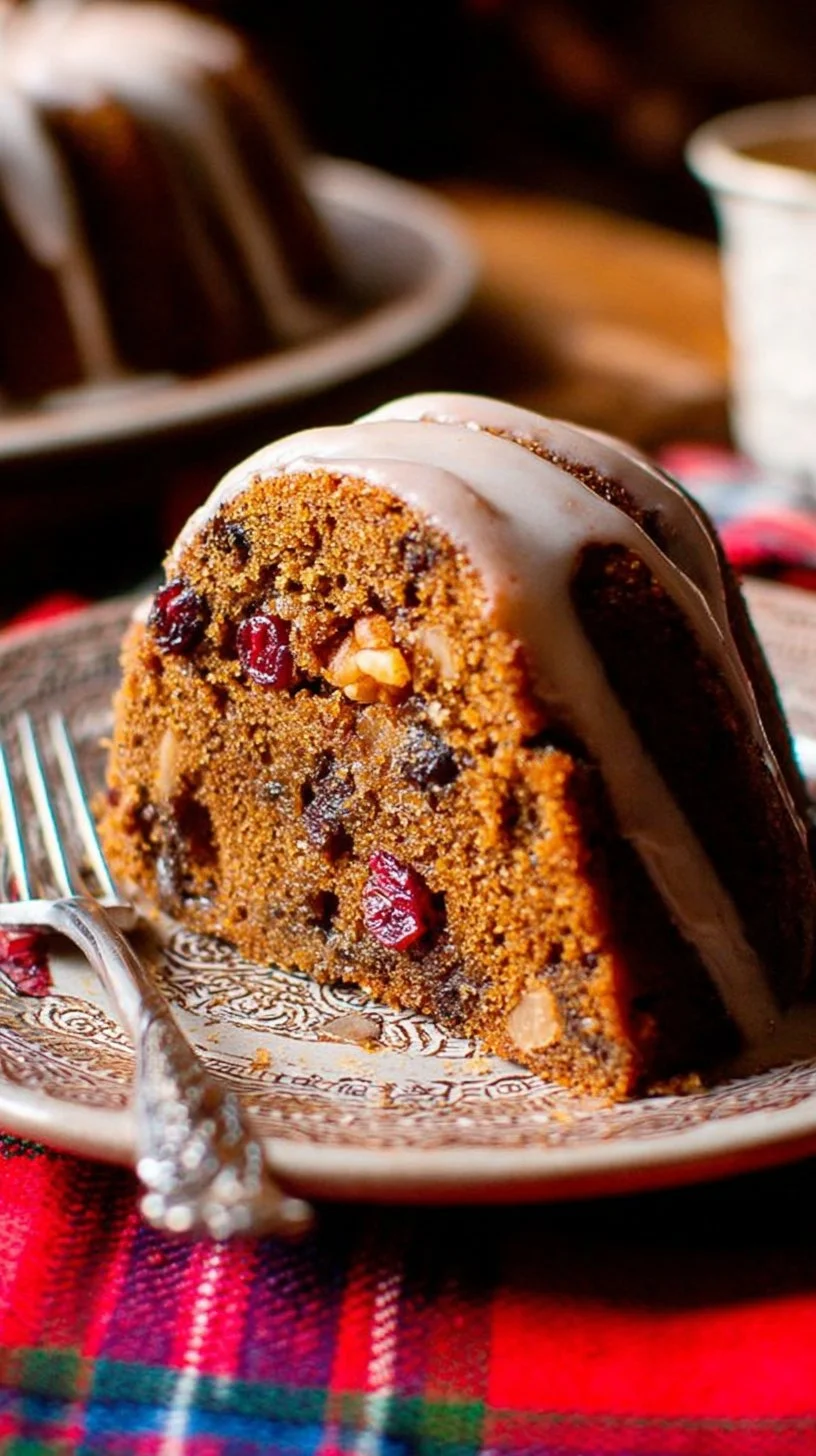 Slice of a festive holiday bundt cake decorated with icing and holiday sprinkles