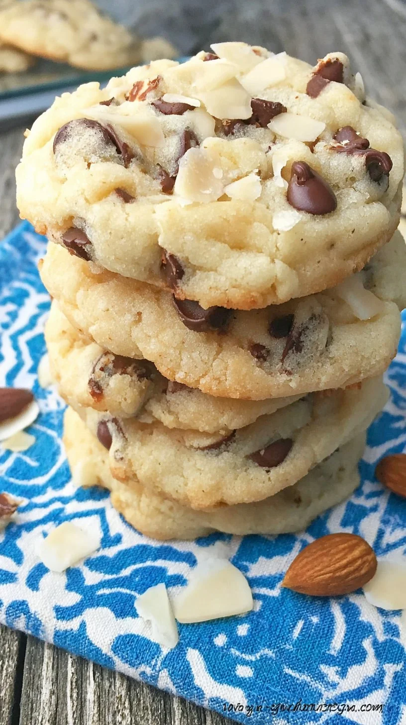 Delicious Almond Joy Cookies topped with chocolate and almonds on a plate