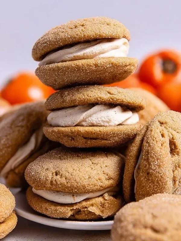 Delicious Apple Cider Whoopie Pies topped with creamy filling on a wooden table