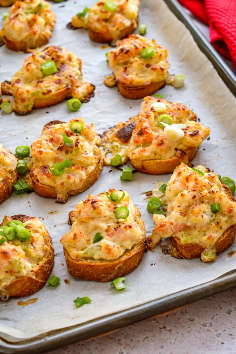 Baked shrimp toast topped with herbs and spices on a serving platter