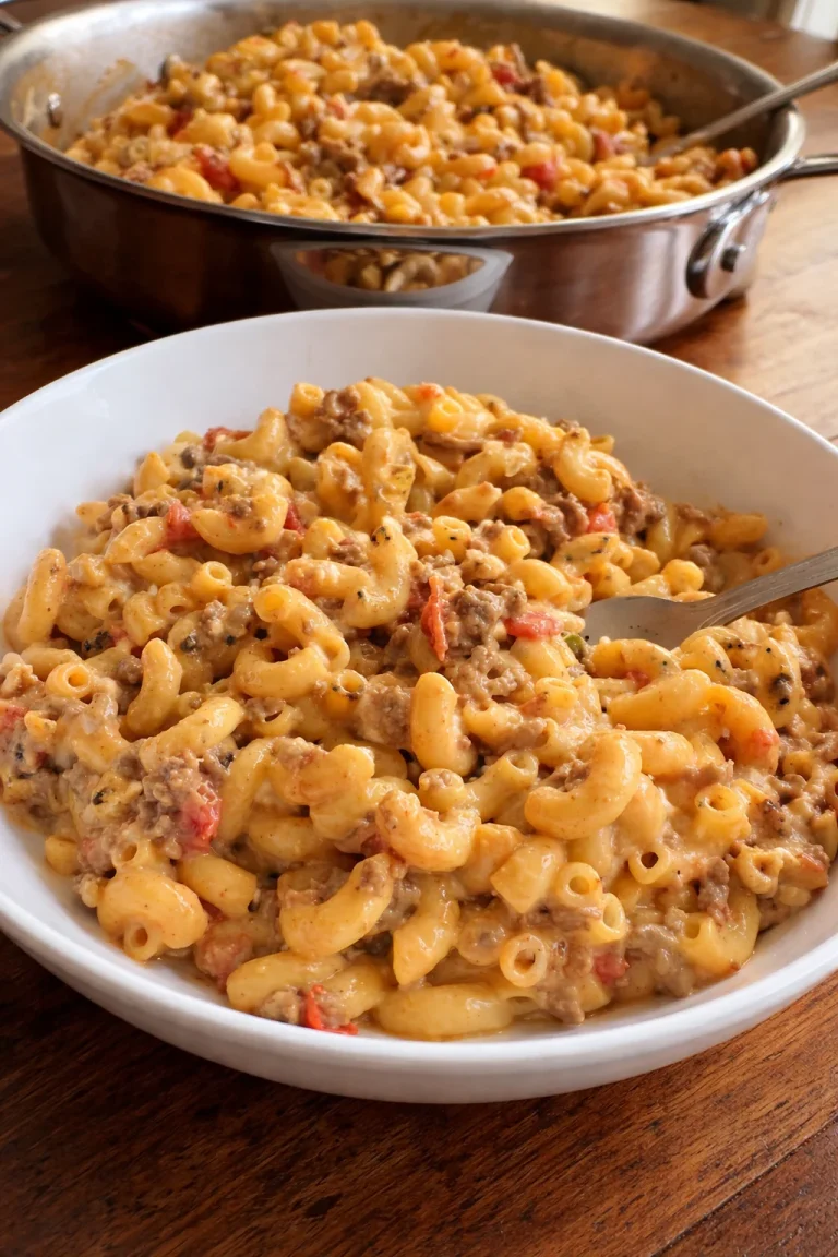 Beefy Queso Taco Macaroni and Cheese Beefy queso taco macaroni and cheese served in a bowl topped with garnishes