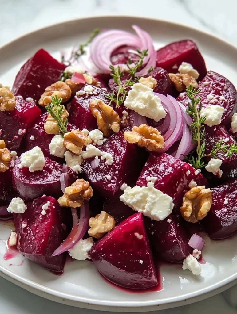 Beet and goat cheese salad served with greens and walnuts