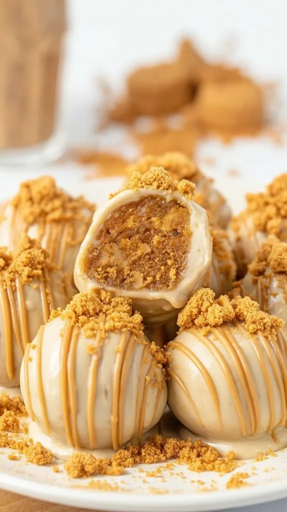 Delicious homemade Biscoff truffles coated in chocolate and sprinkled with cookie crumbs.