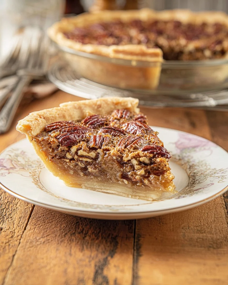 Delicious homemade Bourbon Pecan Pie served on a rustic wooden table.