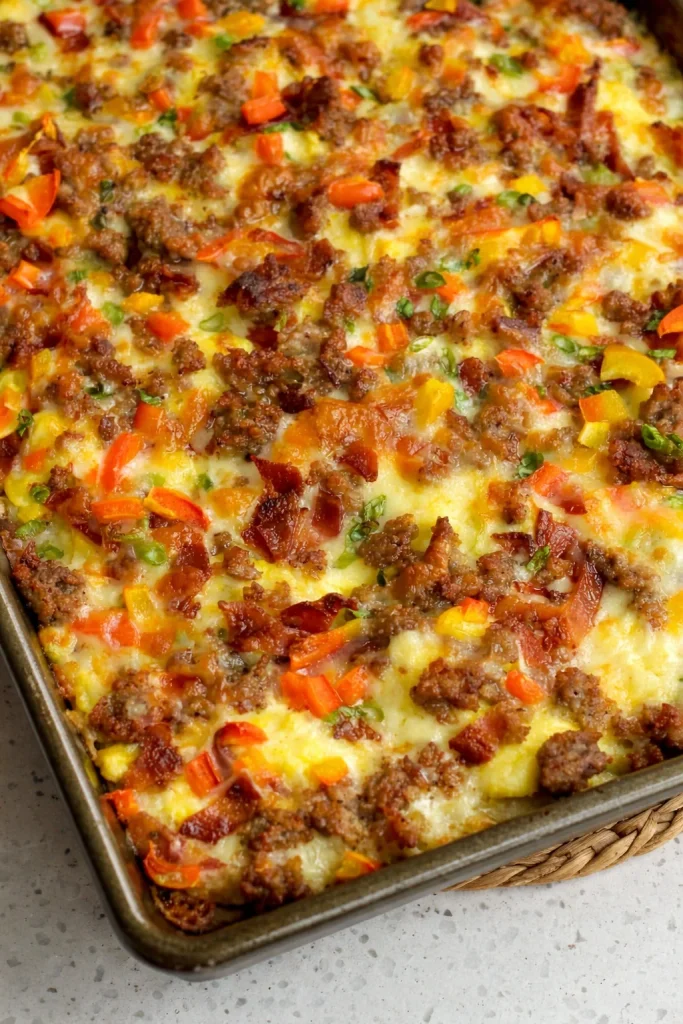 Delicious breakfast pizza topped with eggs, bacon, and cheese