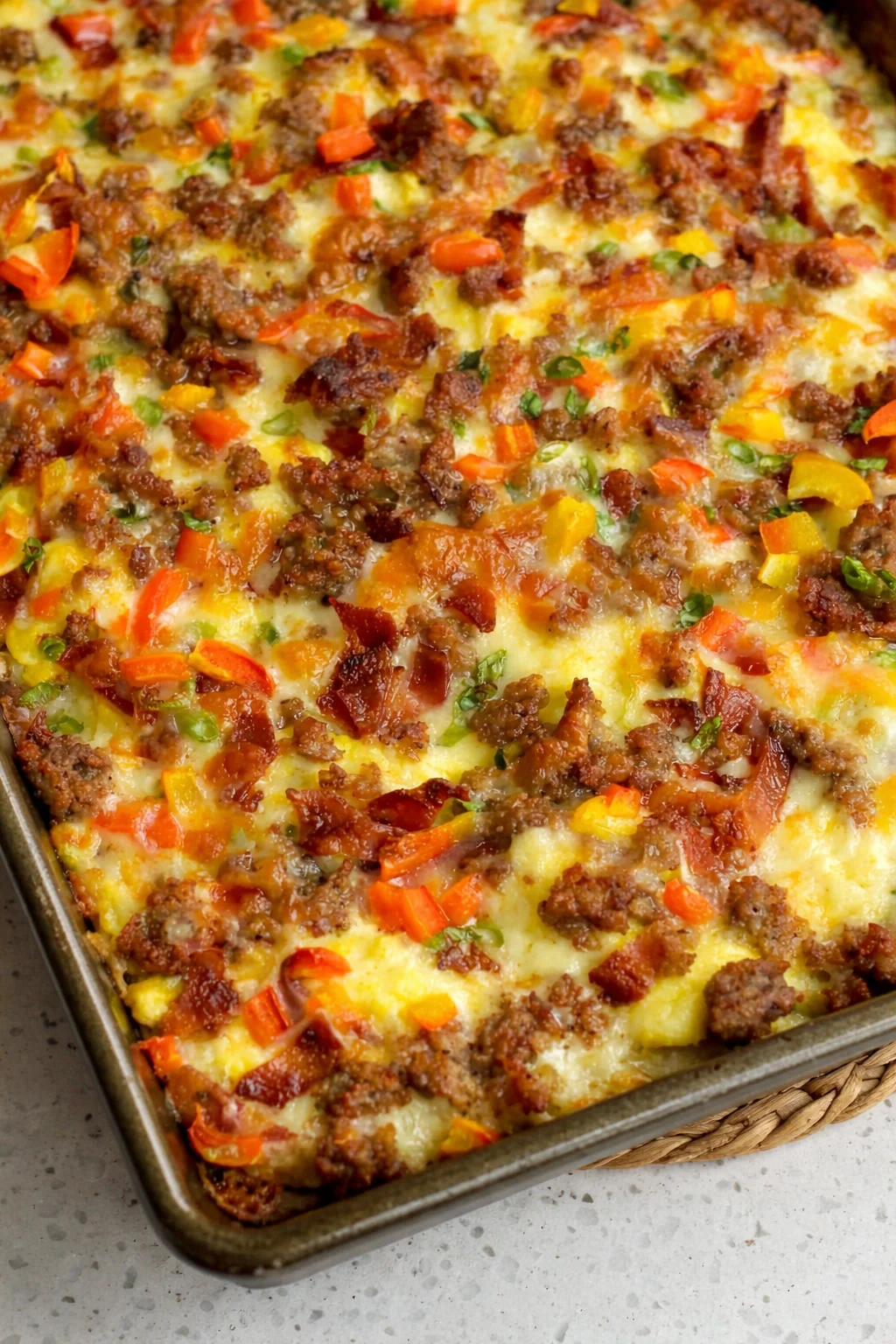 Delicious breakfast pizza topped with eggs, bacon, and cheese