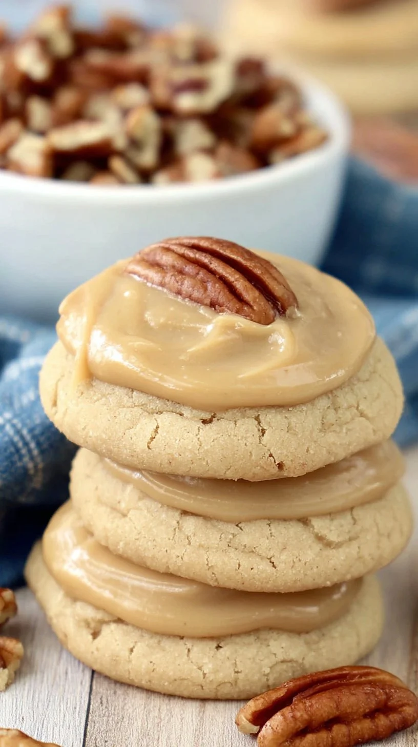 Delicious brown sugar pecan cookies with brown sugar frosting on a plate.