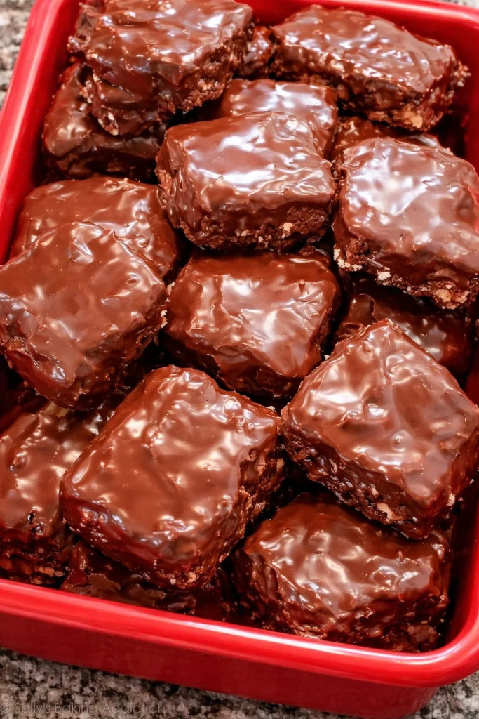 Delicious brownie bars covered in smooth chocolate coating