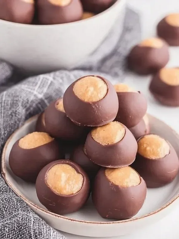 Delicious homemade Buckeyes coated in chocolate and filled with peanut butter.