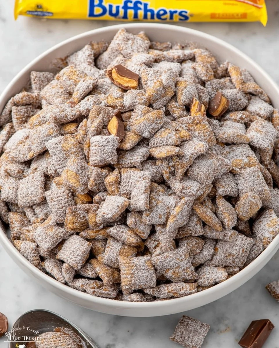 Delicious Butterfinger Puppy Chow in a bowl ready to enjoy