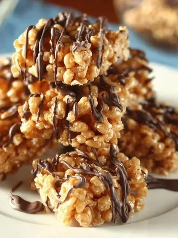 Butterscotch Peanut Butter Crispies on a plate, drizzled with butterscotch sauce.