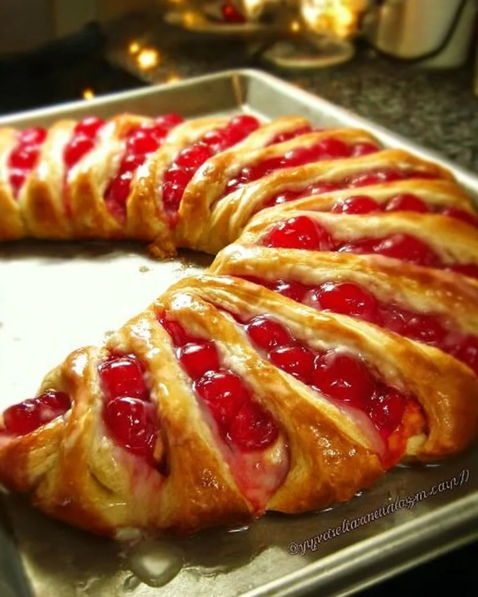 Festive Candy Cane Cheese Danish with creamy filling and candy cane garnish.