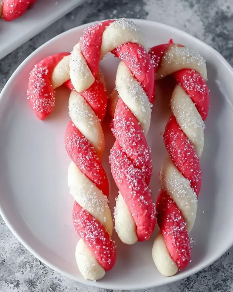 Plate of festive candy cane cookies decorated with red and white stripes.