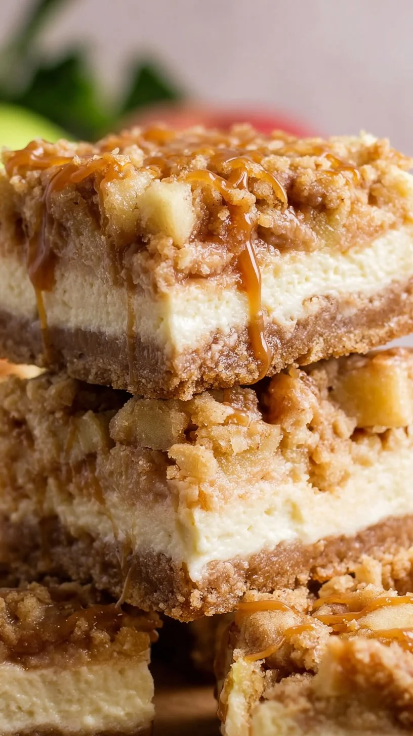 Delicious caramel apple cheesecake bars with a drizzle of caramel sauce.