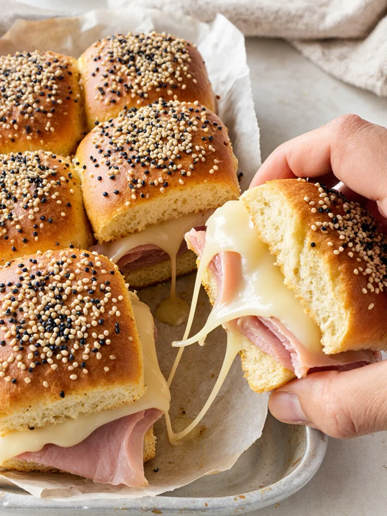 Caramelized onion and ham sliders served on a platter.
