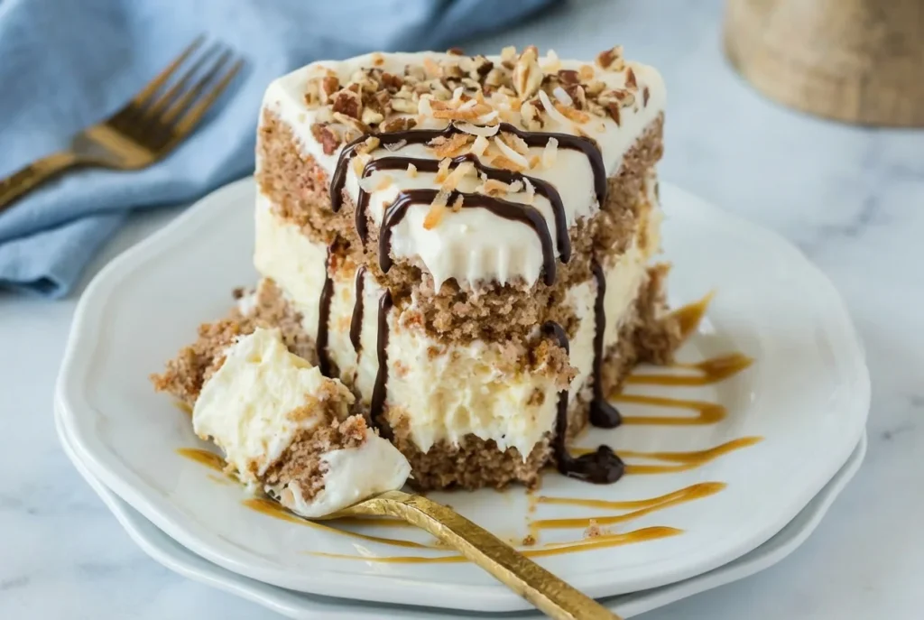 Carrot cake cheesecake topped with cream cheese frosting and walnuts