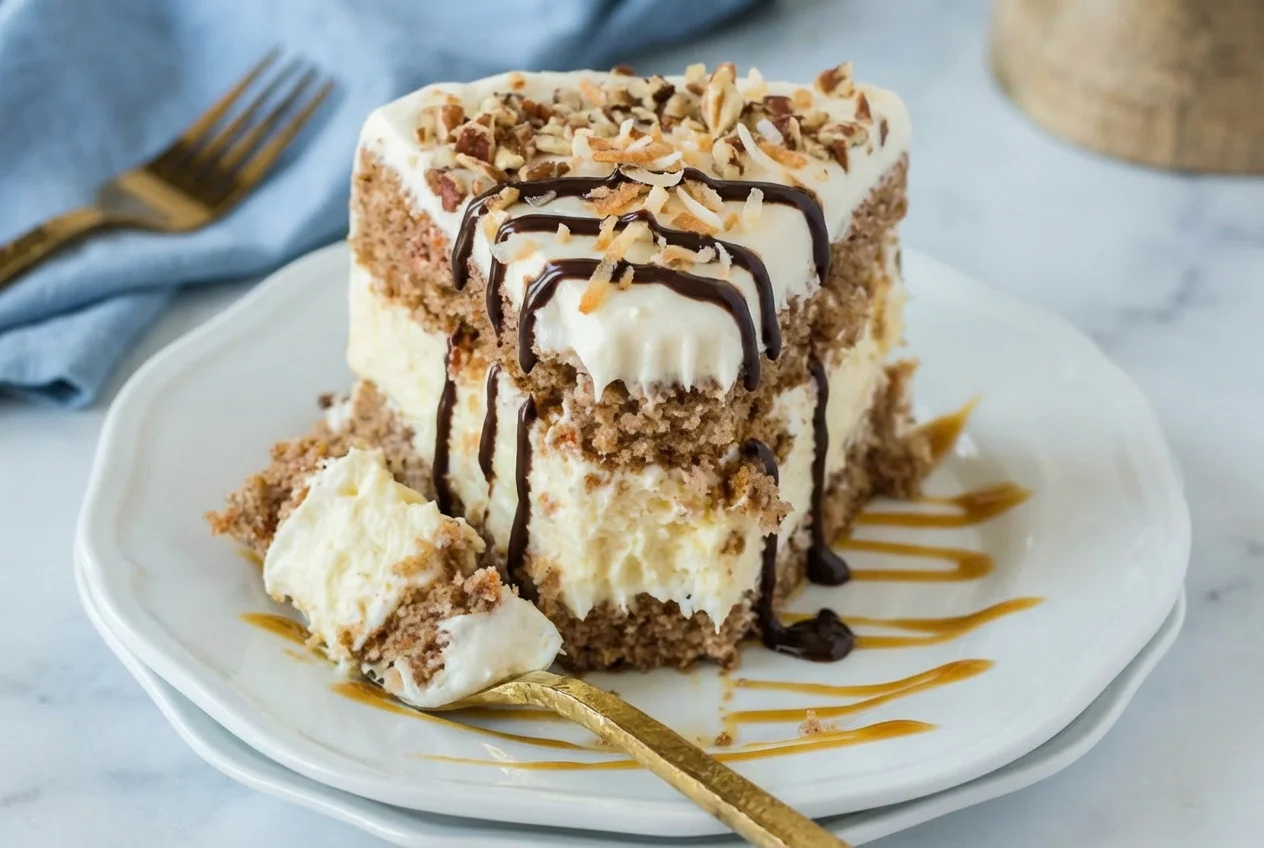 Carrot cake cheesecake topped with cream cheese frosting and walnuts
