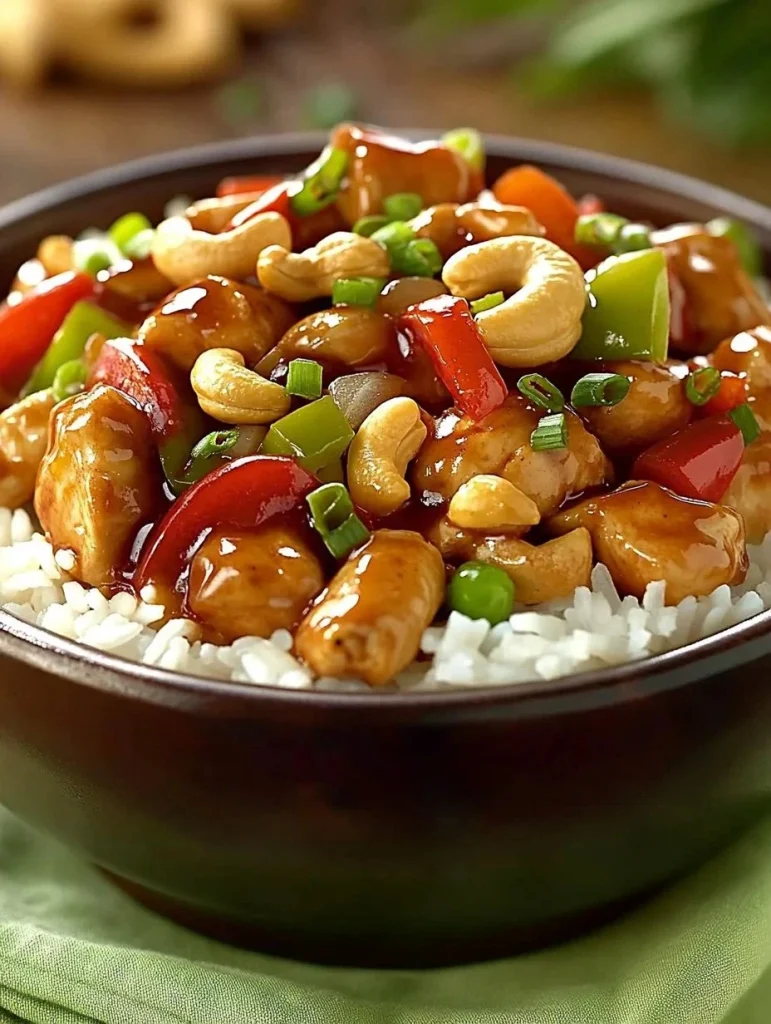 Delicious Cashew Chicken Stir-Fry with vegetables and crunchy cashews
