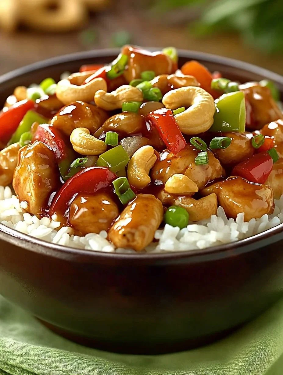 Delicious Cashew Chicken Stir-Fry with vegetables and crunchy cashews