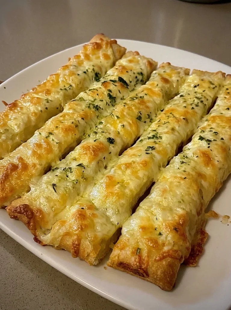 Cheese loaded garlic breadsticks topped with herbs and melted cheese
