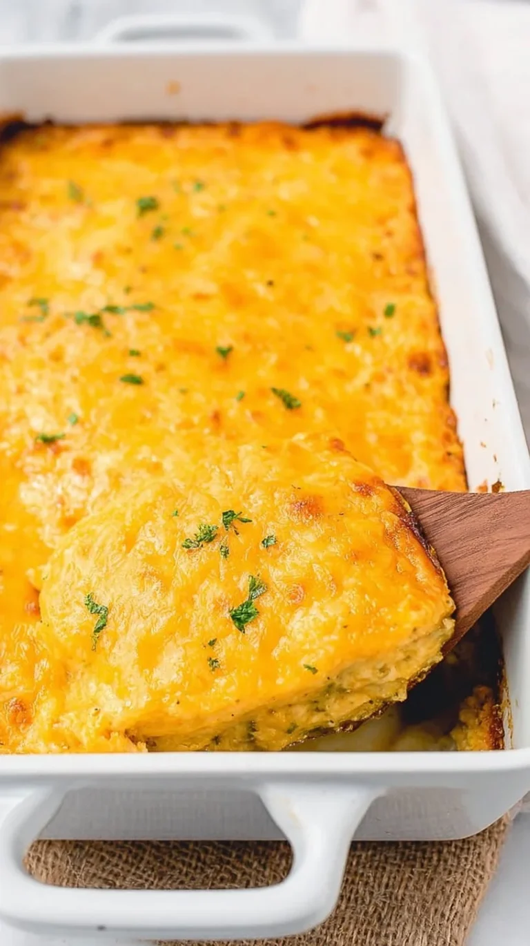 Delicious Cheesy Corn Casserole baked golden and topped with cheese