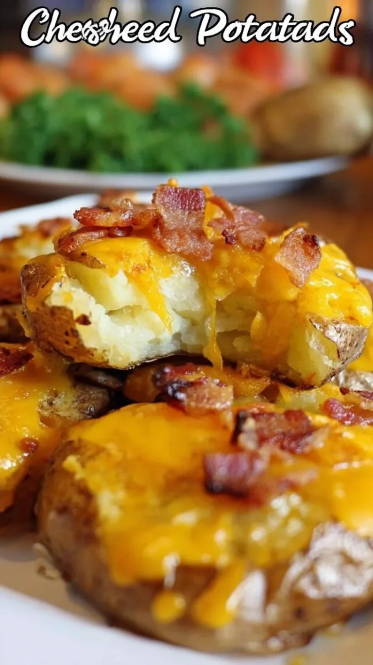 Delicious cheesy smashed potatoes served in a bowl with herbs.