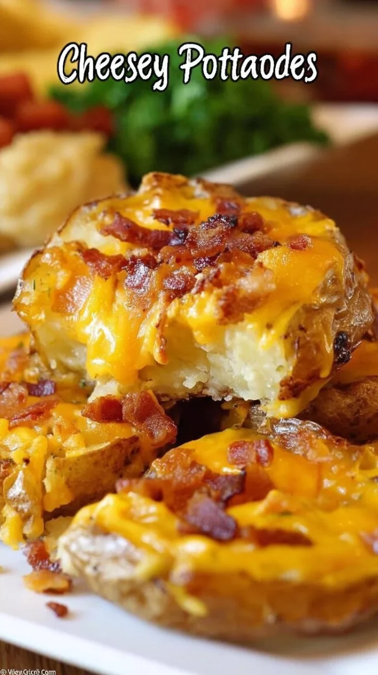 Delicious cheesy smashed potatoes served in a dish with herbs and melted cheese.