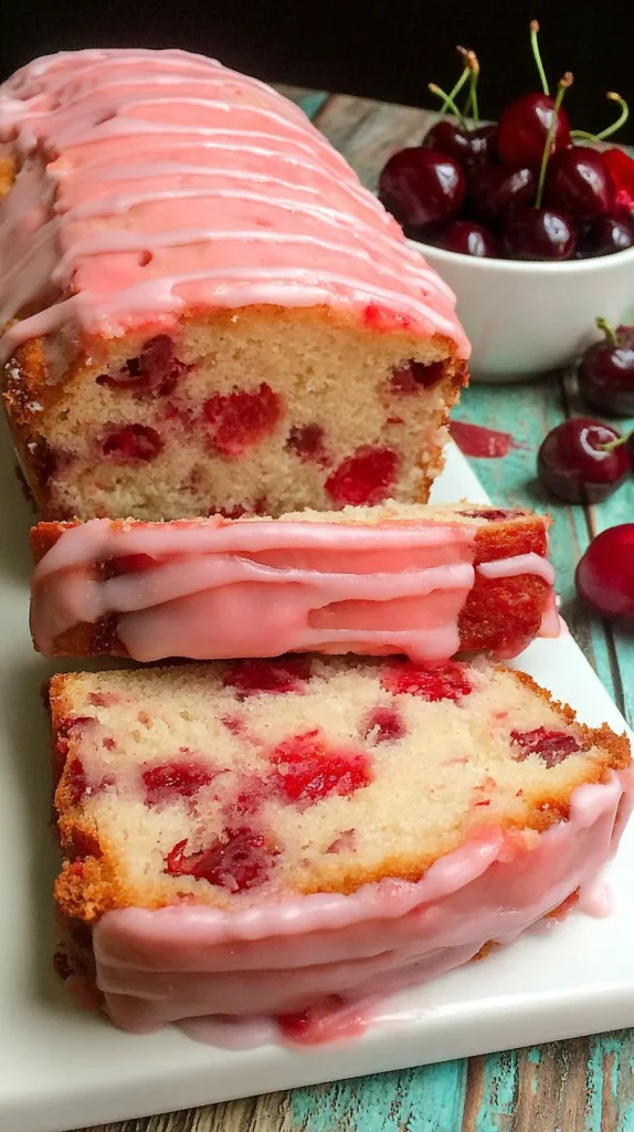Delicious Cherry Garcia Loaf Cake with chocolate and cherry layers.