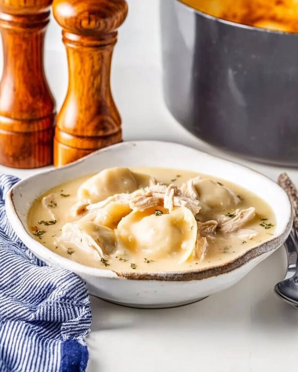 Delicious Chicken and Dumplings served in a bowl with herbs