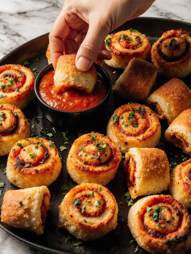 Delicious Chicken Parm Pinwheels ready to serve, featuring chicken, cheese, and marinara sauce.