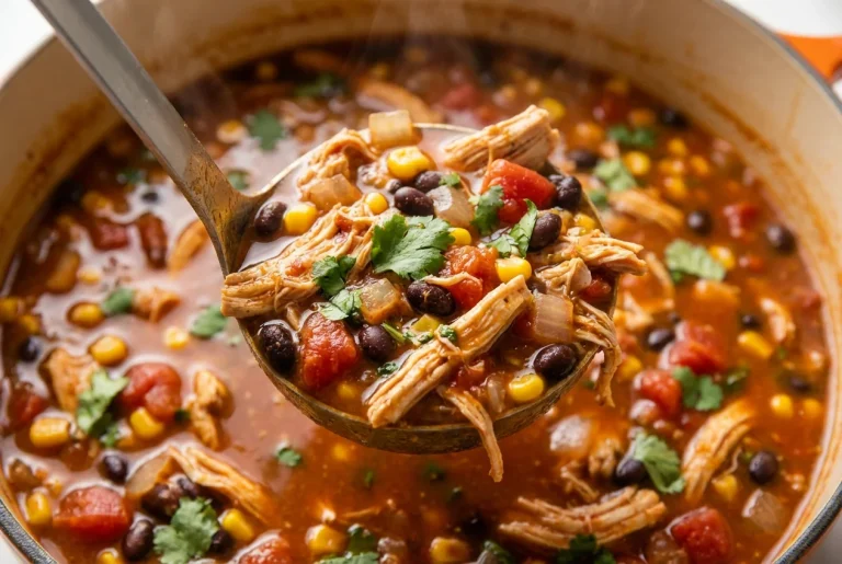 Bowl of Chicken Taco Soup garnished with cilantro and lime.