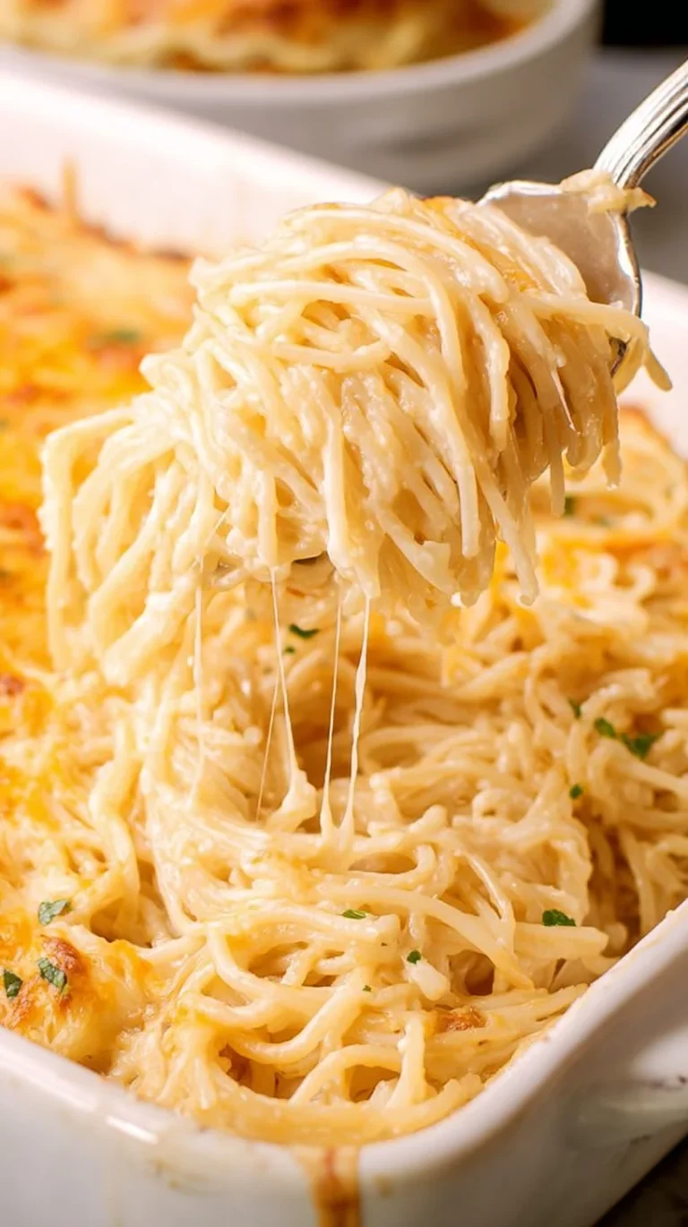 Creamy Chicken Tetrazzini topped with cheese and herbs in a baking dish