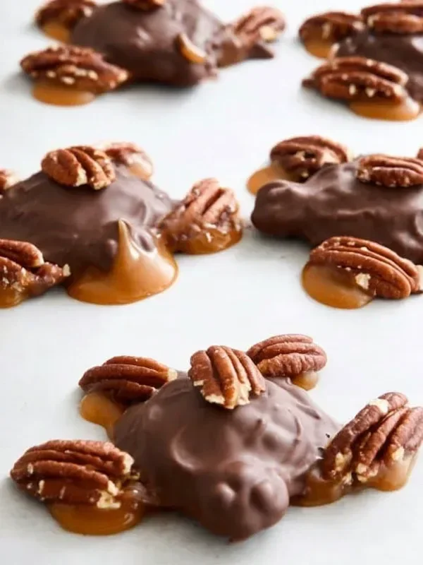 Delicious Chocolate Pecan Caramel Turtles on a plate