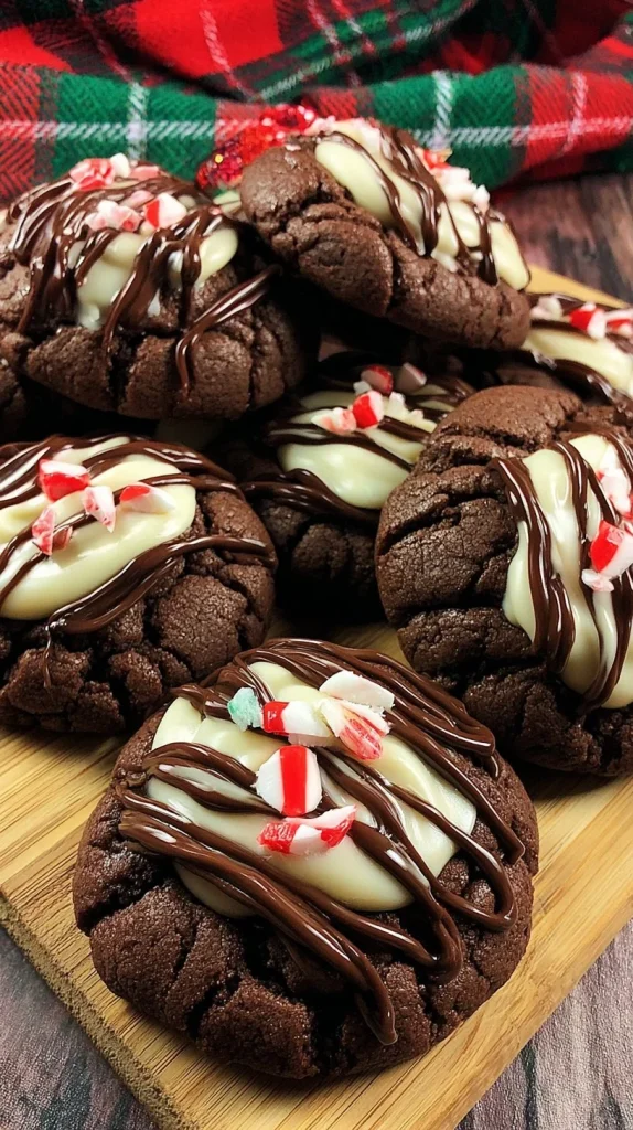 Chocolate peppermint thumbprint cookies on a festive plate