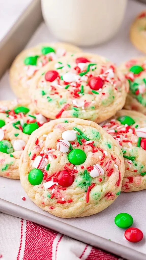 Freshly baked Christmas cake mix cookies with festive decorations