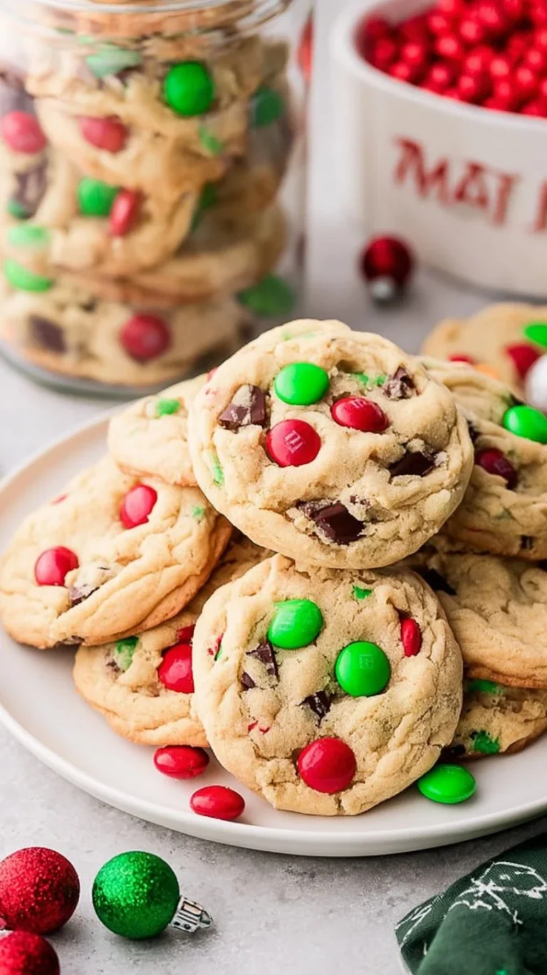 Baking Christmas M&M Cookies with festive colors and chocolate candies