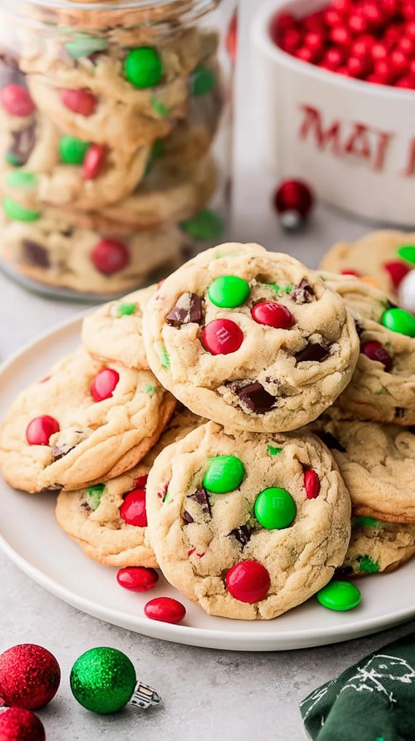 Baking Christmas M&M Cookies with festive colors and chocolate candies