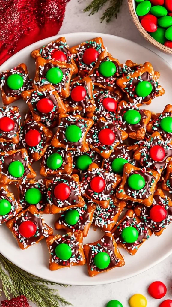 Christmas Rolo Pretzels with festive decorations