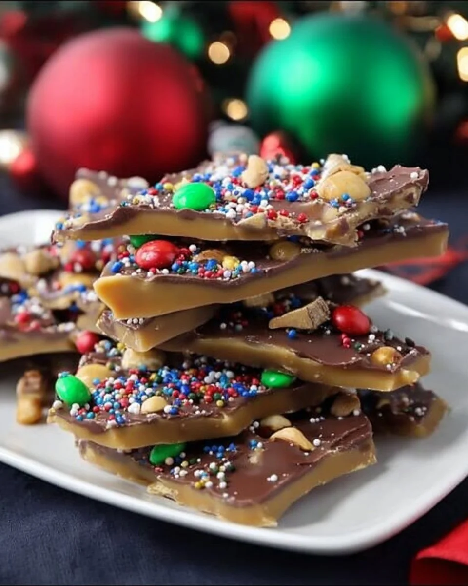 Delicious homemade Christmas Toffee with nuts and chocolate garnish