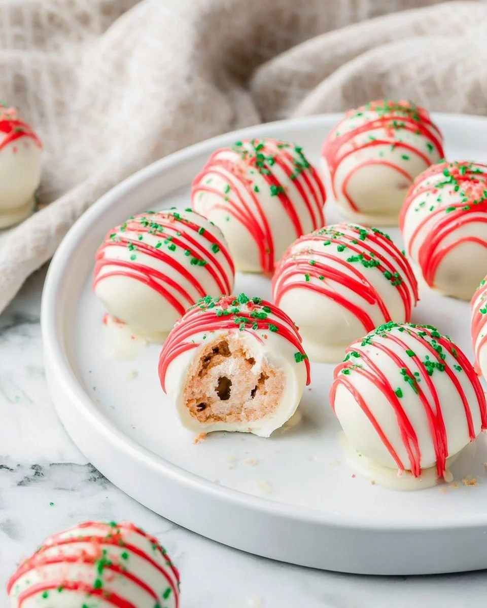 Festive Christmas Tree Cake Truffles decorated with green frosting and sprinkles