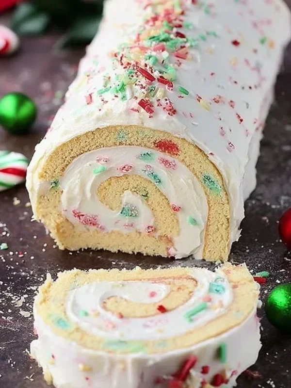 Christmas Vanilla Roll Cake decorated with festive toppings