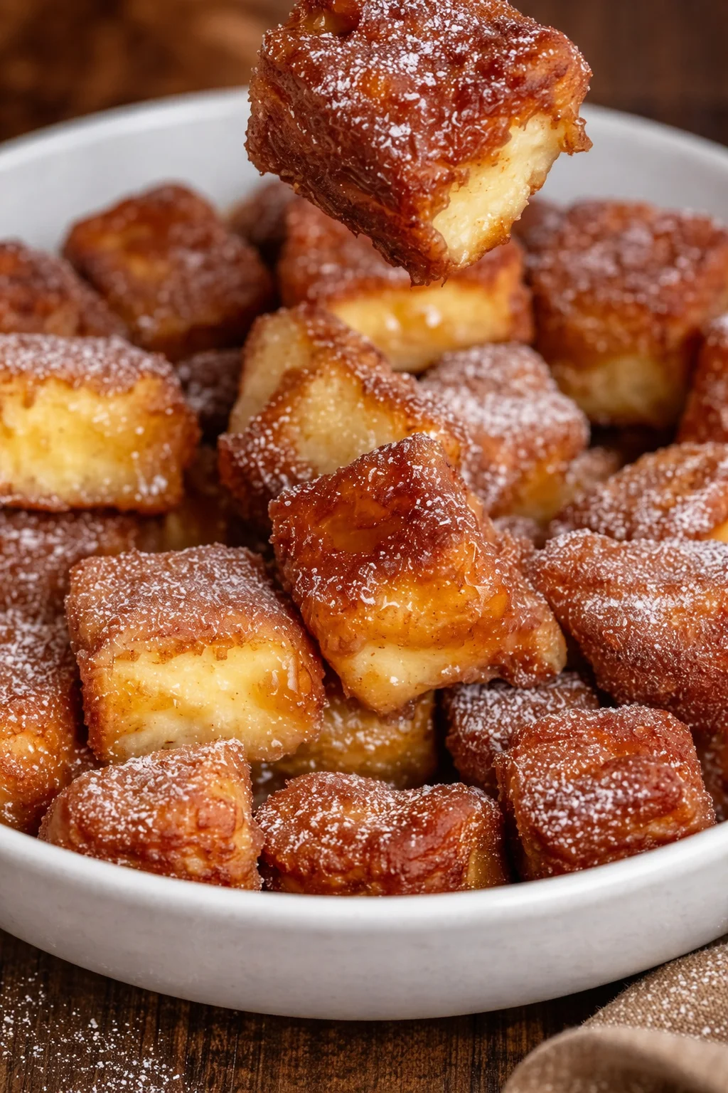Delicious cinnamon roll bites topped with icing on a wooden plate.