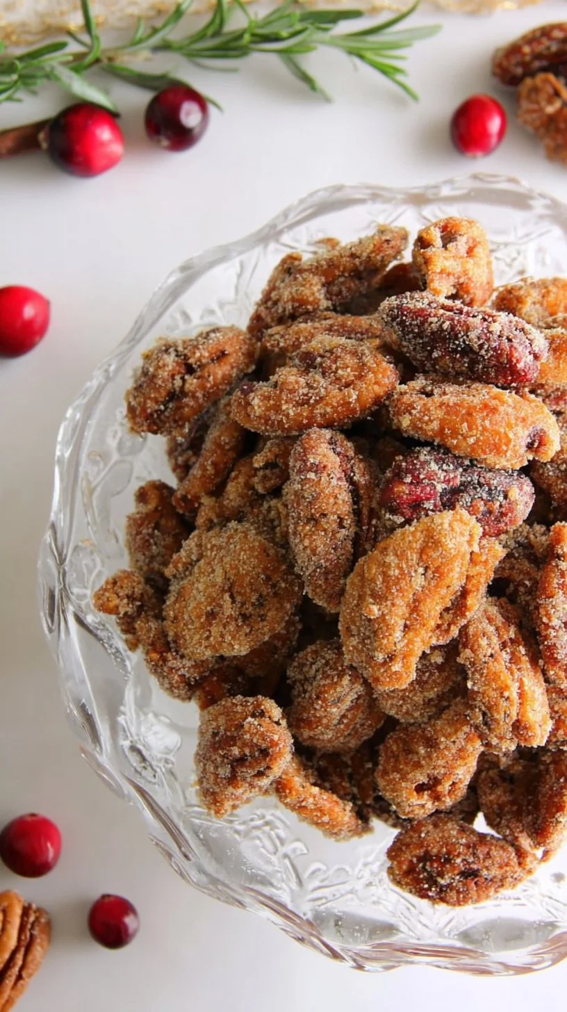 Cinnamon sugar roasted pecans in a bowl, perfect for snacking or adding to recipes.
