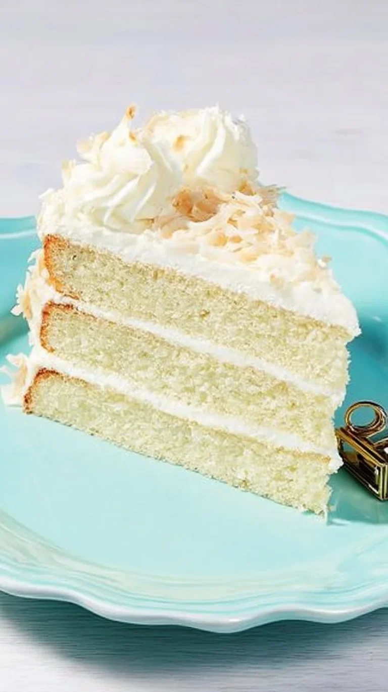 Delicious Coconut Layer Cake with creamy frosting and coconut flakes.