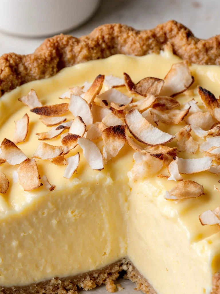 Delicious homemade coconut pie slice on a plate with whipped cream and a fork