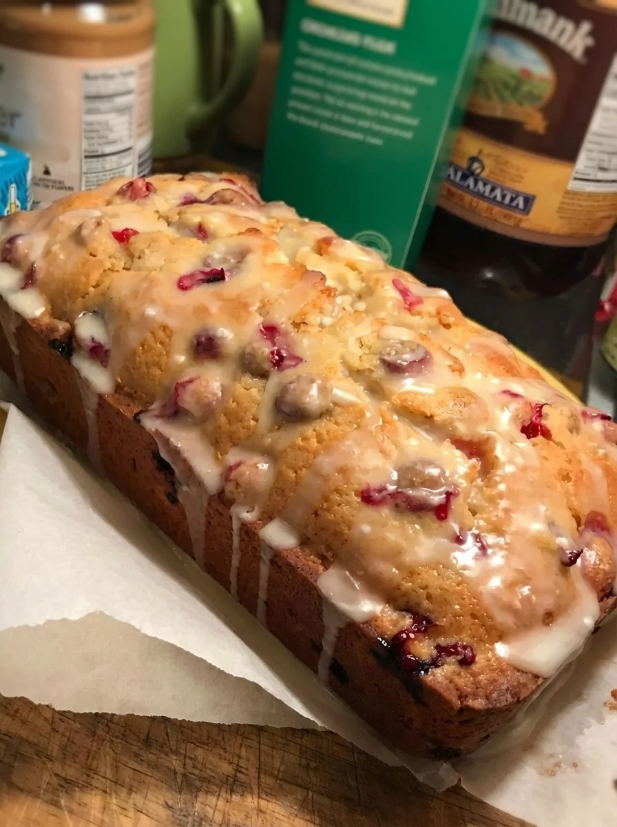 Sliced Cranberry Orange Loaf with a glossy easy glaze on display