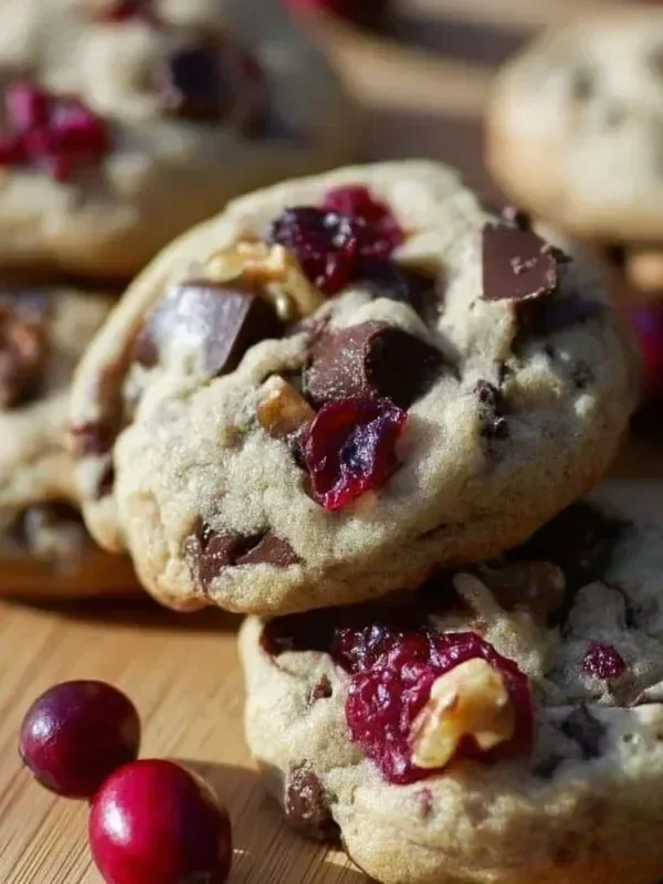 Cranberry Walnut Chocolate Chunk Cookies stacked on a plate