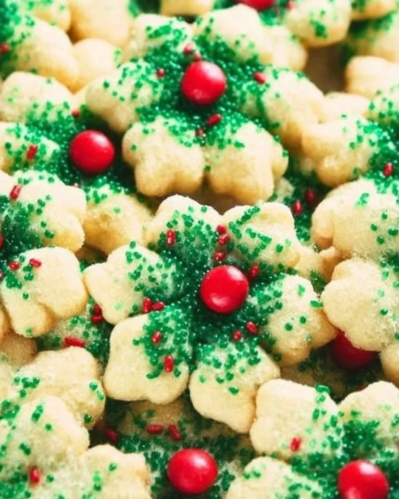 Freshly baked Cream Cheese Spritz Cookies on a decorative plate.